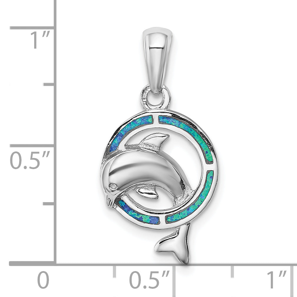 Sterling Silver Rhodium-plated Blue Inlay Created Opal Dolphin Pendant