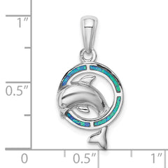 Sterling Silver Rhodium-plated Blue Inlay Created Opal Dolphin Pendant