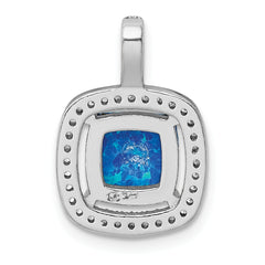 Sterling Silver Rhodium-plated Blue Square Created Opal w/CZ Pendant