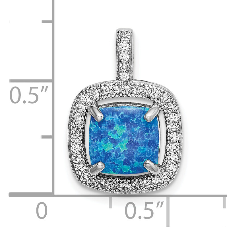 Sterling Silver Rhodium-plated Blue Square Created Opal w/CZ Pendant