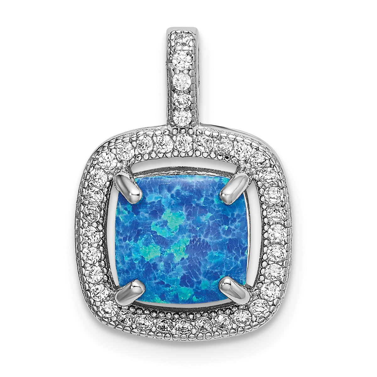 Sterling Silver Rhodium-plated Blue Square Created Opal w/CZ Pendant