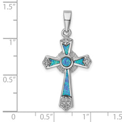 Sterling Silver Rhodium-plated CZ & Created Opal Cross Pendant