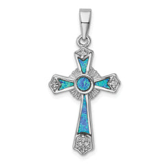 Sterling Silver Rhodium-plated CZ / Created Opal Cross Pendant