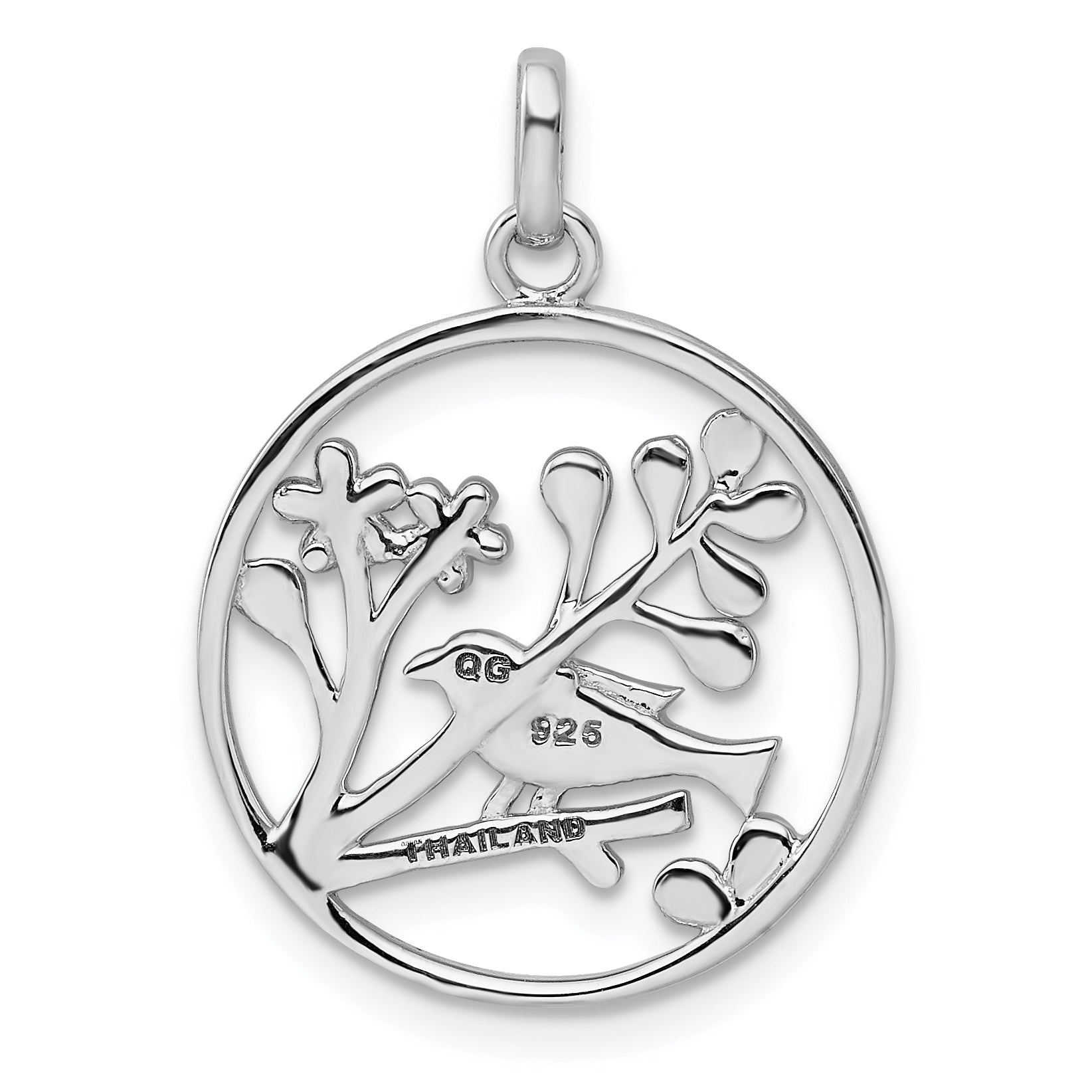 Sterling Silver Rhodium-plated Polished Bird and Flowers Pendant