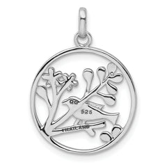 Sterling Silver Rhodium-plated Polished Bird and Flowers Pendant