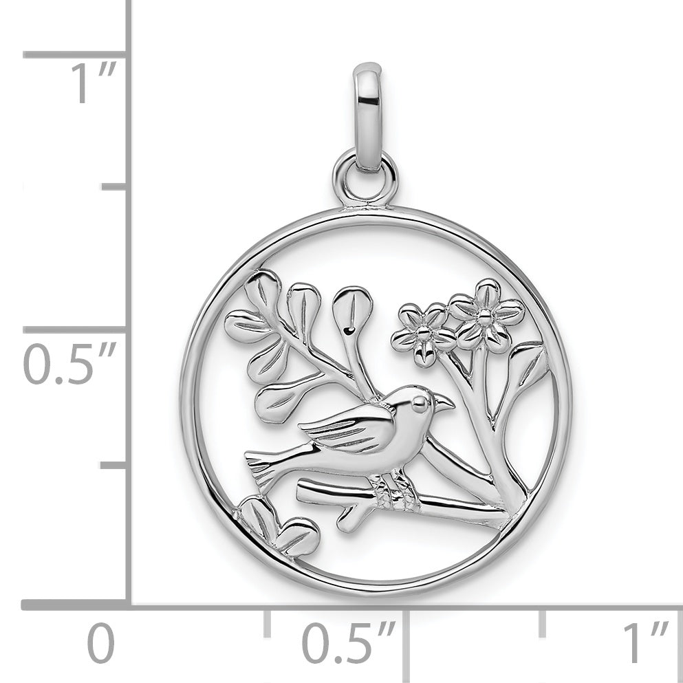 Sterling Silver Rhodium-plated Polished Bird and Flowers Pendant