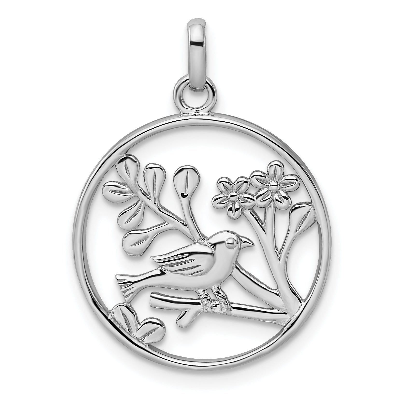 Sterling Silver Rhodium-plated Polished Bird and Flowers Pendant