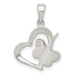 Sterling Silver Polished Glitter Enamel Heart w/Butterfly Pendant