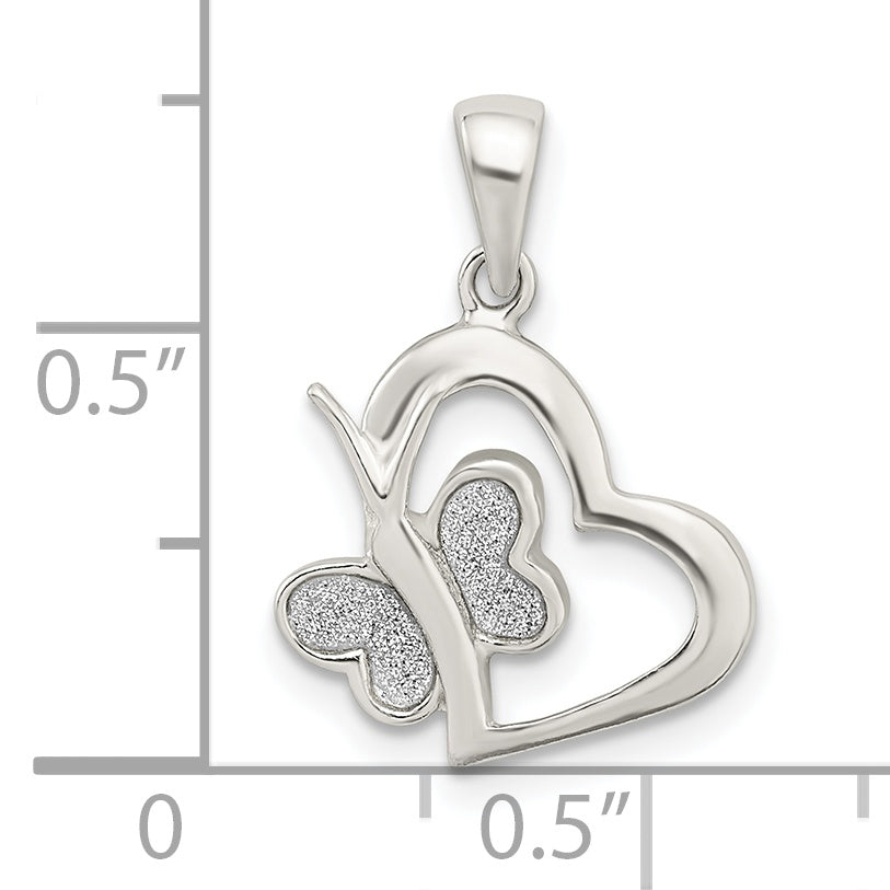 Sterling Silver Polished Glitter Enamel Heart w/Butterfly Pendant