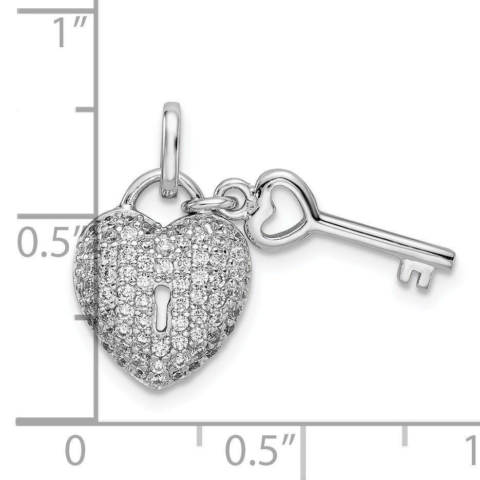 Sterling Silver Rhodium-plated CZ Heart Lock & Key Pendant