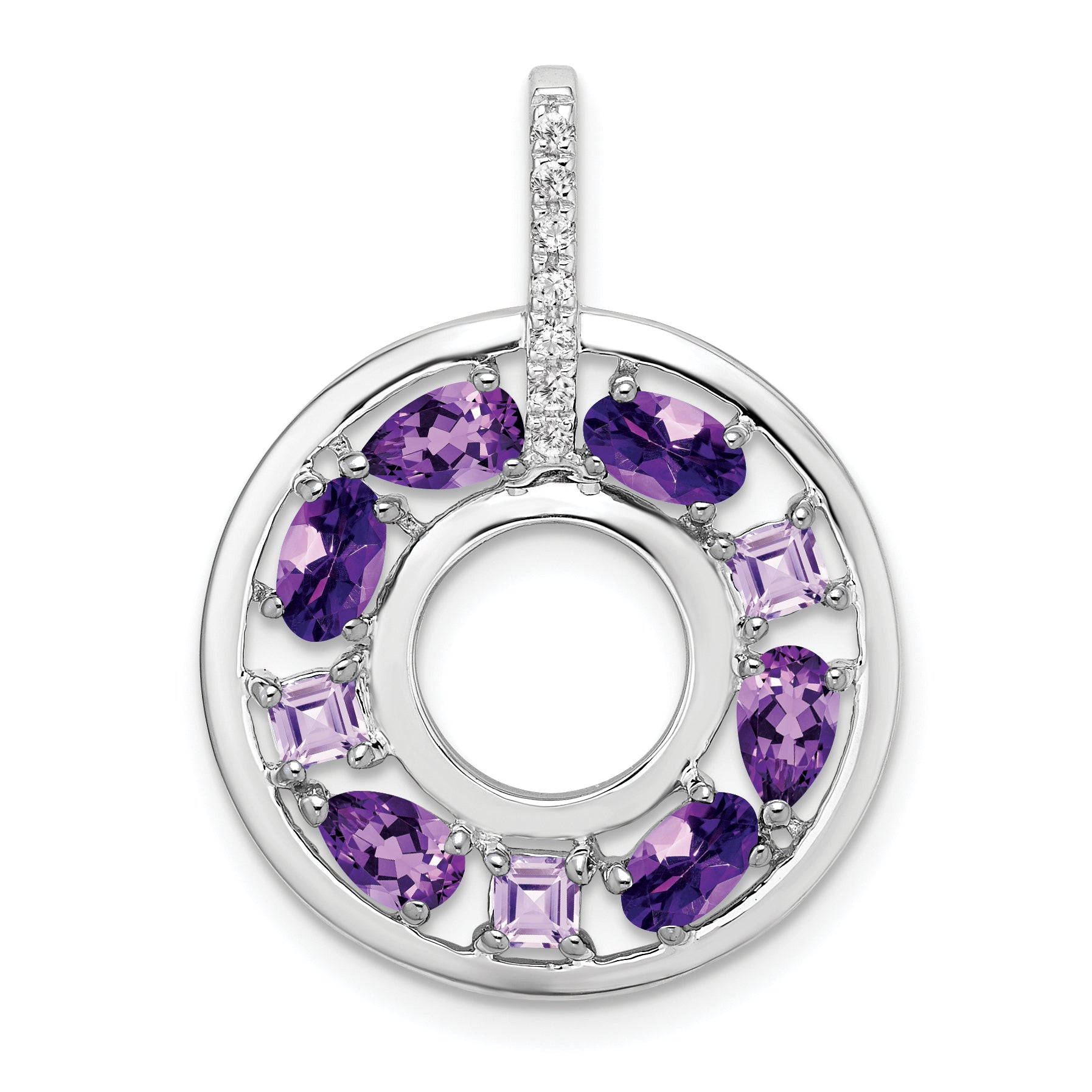 Sterling Silver Rhodium-plated Amethyst and CZ Circle Pendant