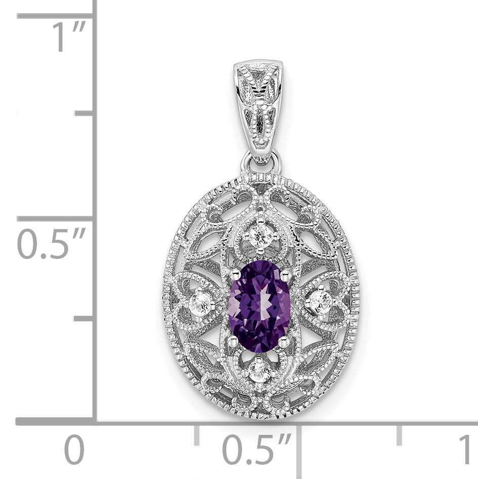 Sterling Silver Rhodium-plated Oval Amethyst & White Topaz Pendant