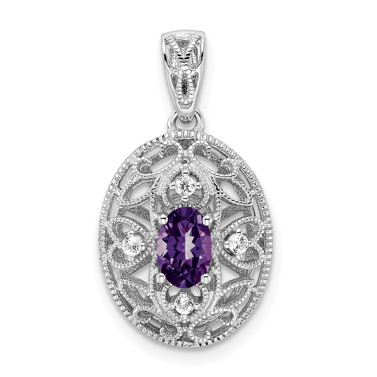 Sterling Silver Rhodium-plated Oval Amethyst and White Topaz Pendant