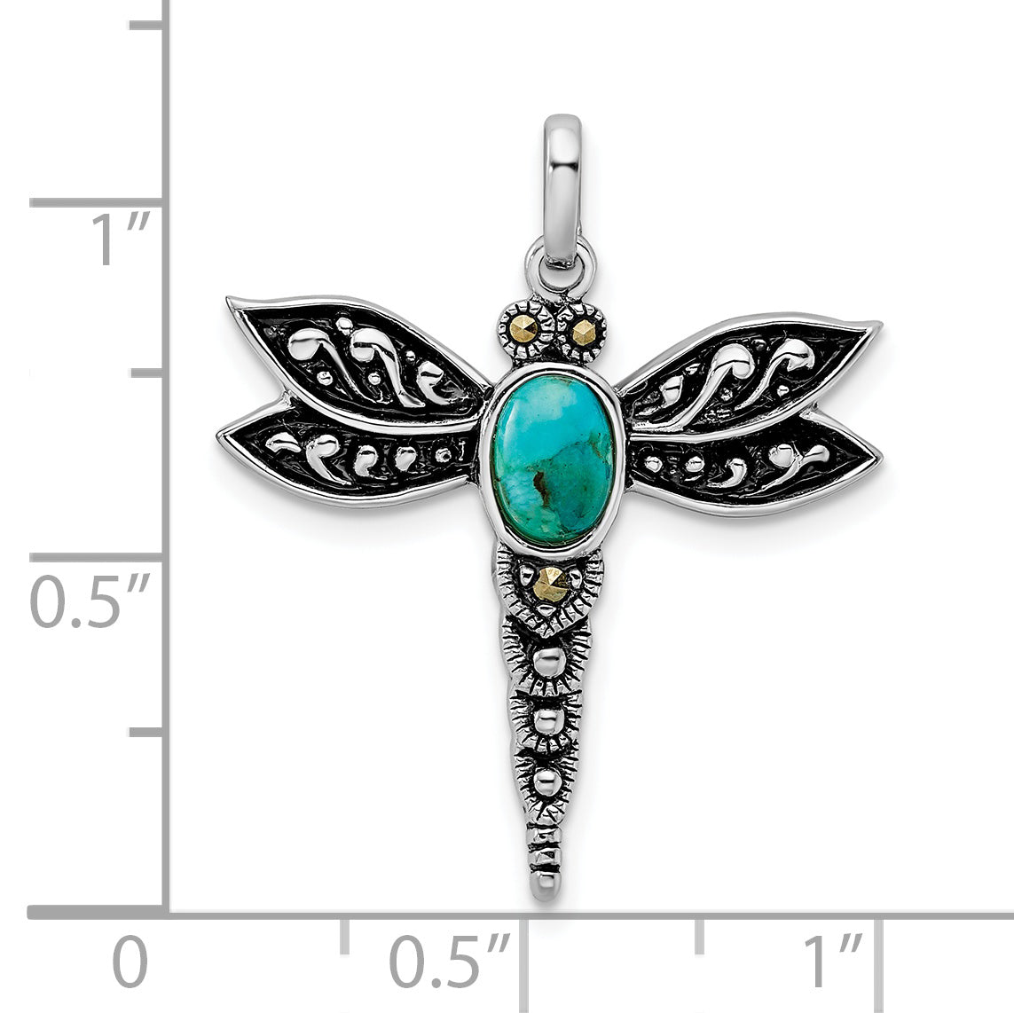 Sterling Silver Rhodium/Oxidized Recon. Turq/Marcasite Dragonfly Pendant