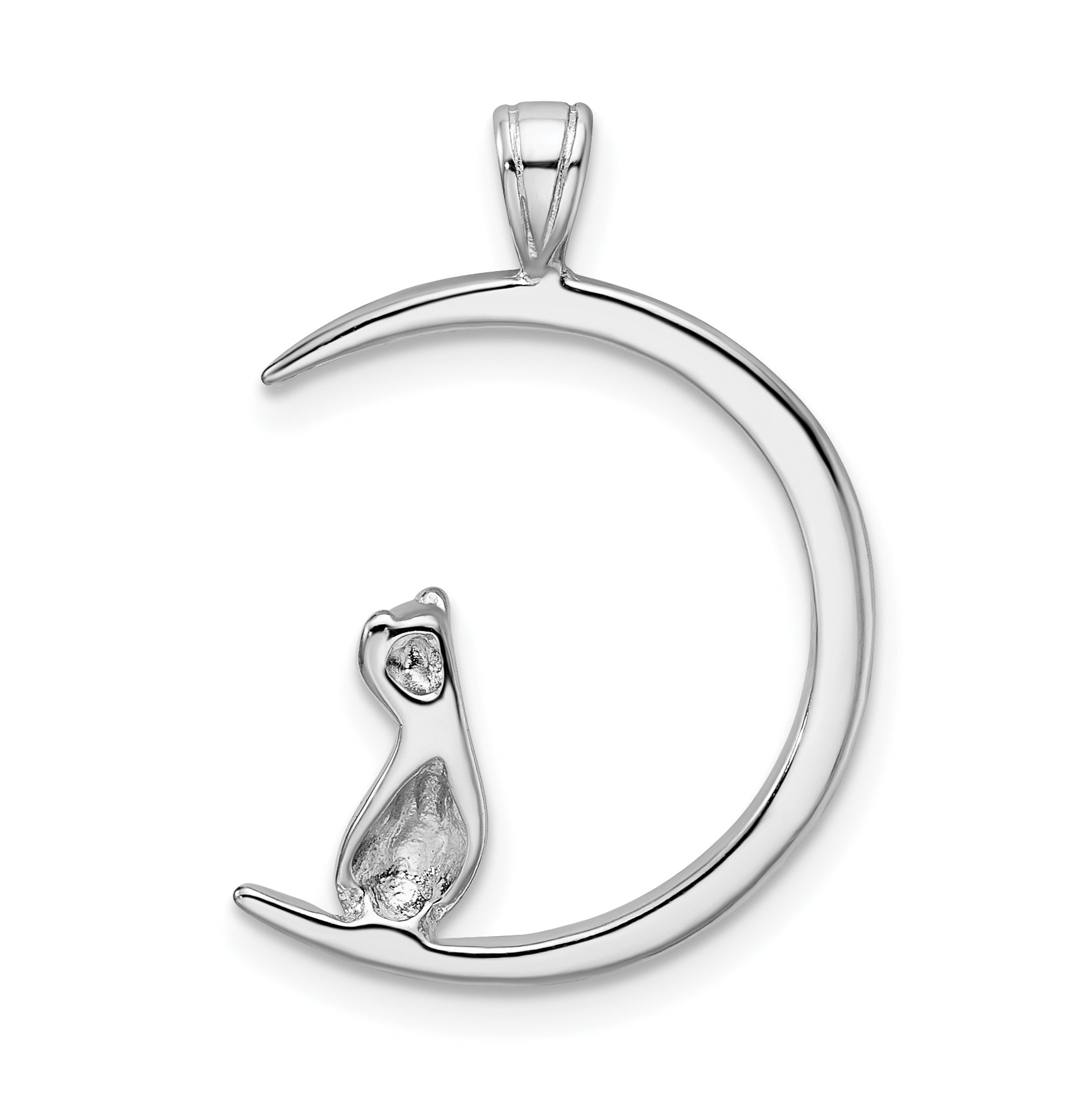 Sterling Silver Rhodium-plated Cat On Moon Pendant