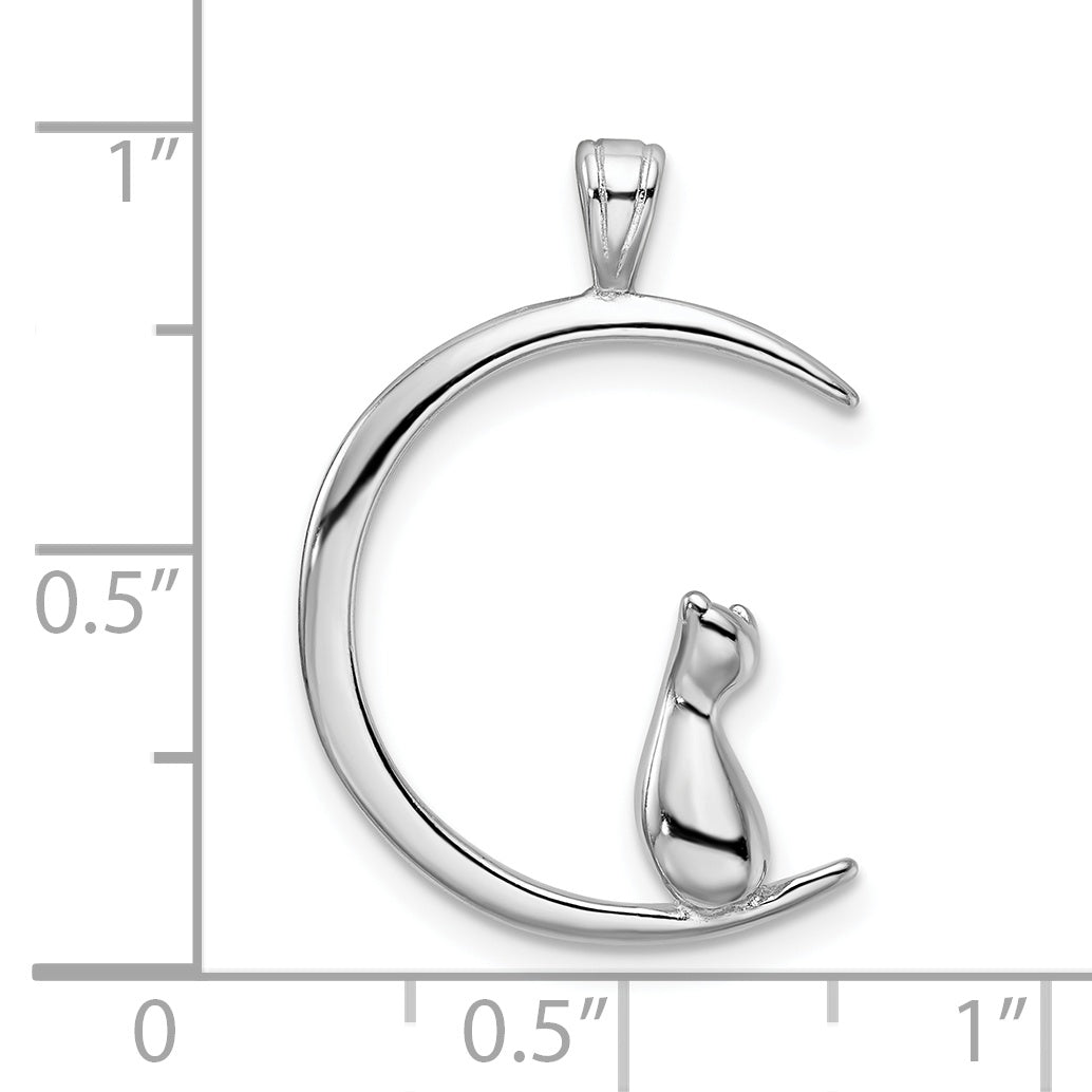 Sterling Silver Rhodium-plated Cat On Moon Pendant