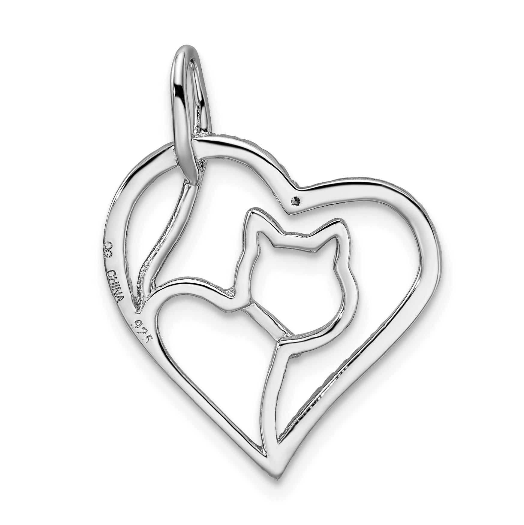 Sterling Silver Rhodium-plated CZ Heart w/Cat Silhouette Pendant