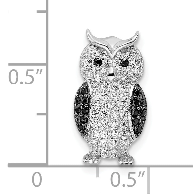 Sterling Silver Rhodium-plated Black & White CZ Owl Slide Pendant