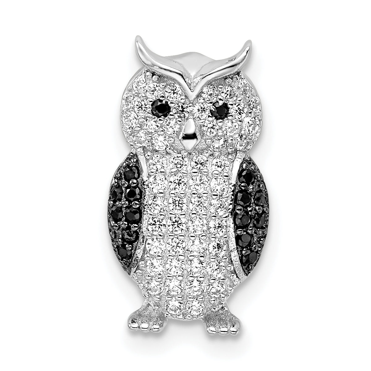 Sterling Silver Rhodium-plated Black & White CZ Owl Slide Pendant