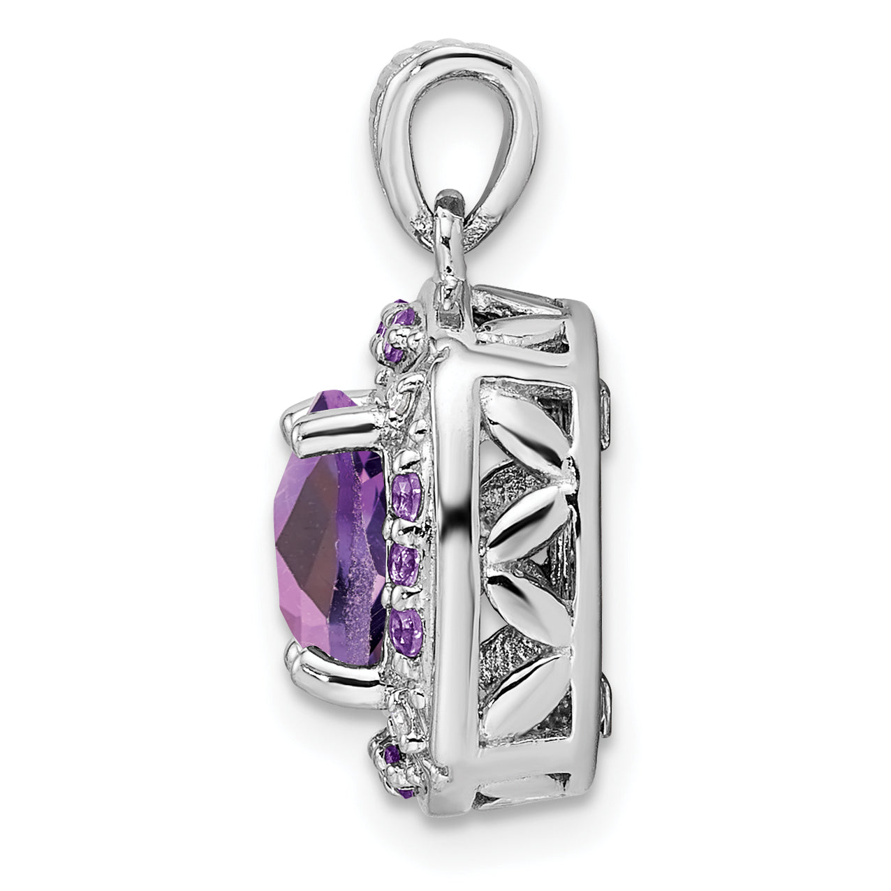 Sterling Silver Rhodium-plated Diamond & Amethyst Square Pendant