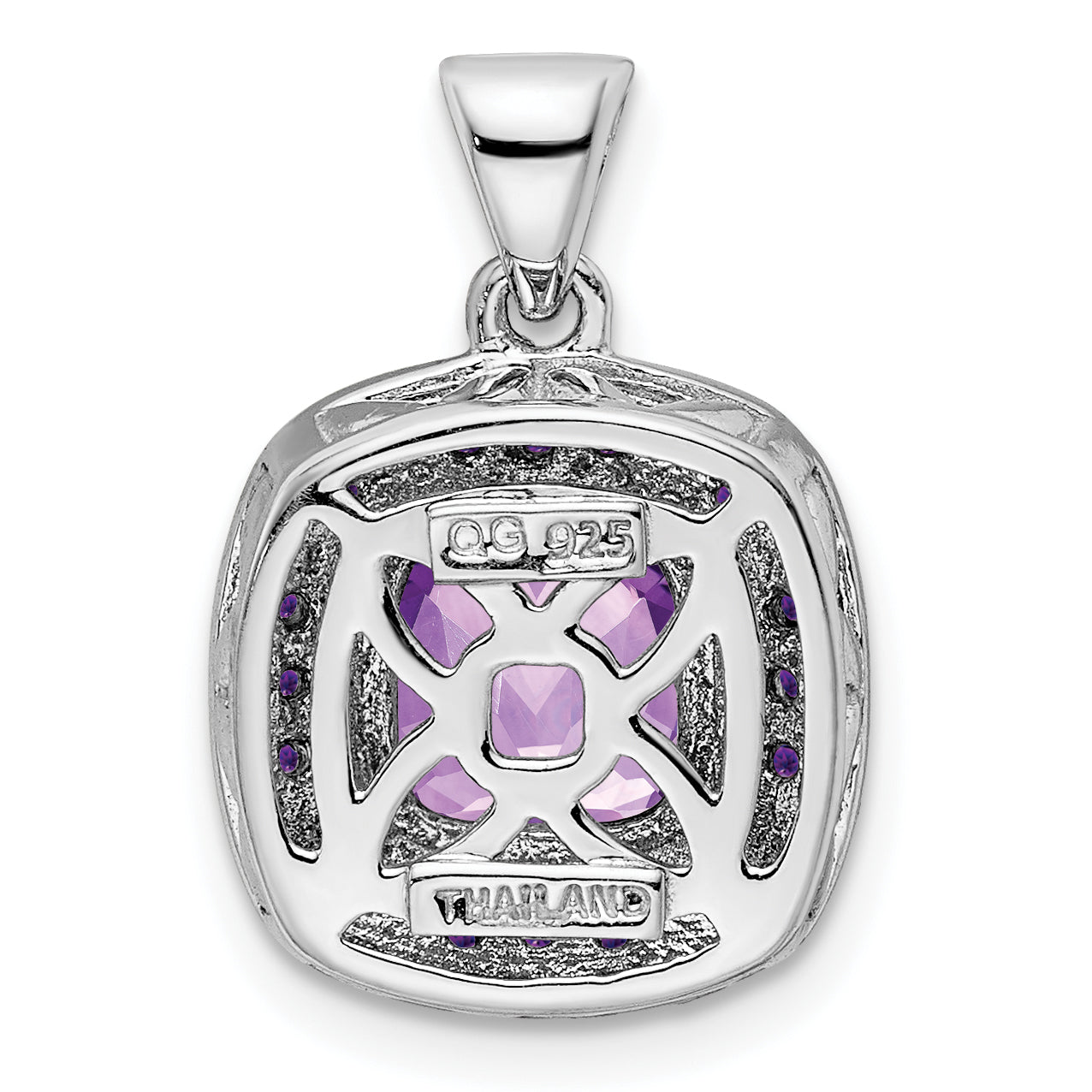 Sterling Silver Rhodium-plated Diamond & Amethyst Square Pendant