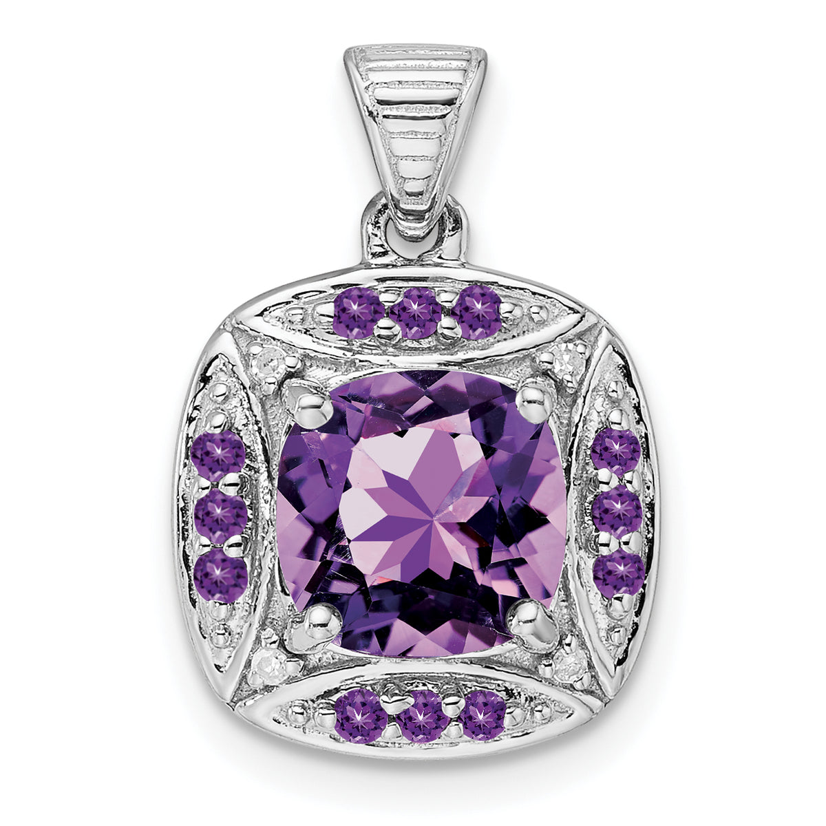 Sterling Silver Rhodium-plated Diamond and Amethyst Square Pendant