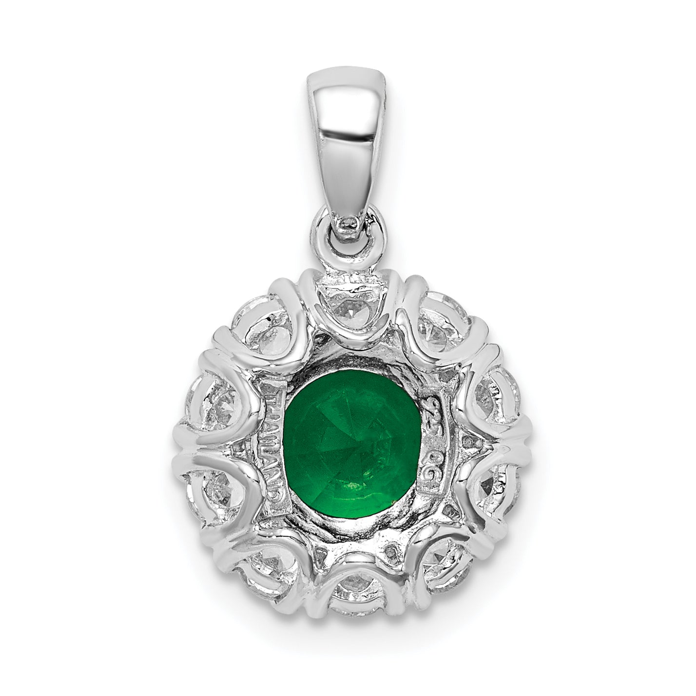 Sterling Silver Rhodium-plated Green Glass and CZ Halo Pendant