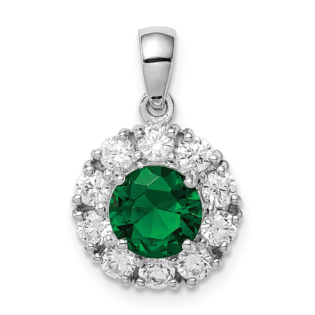 Sterling Silver Rhodium-plated Green Glass and CZ Halo Pendant