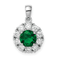 Sterling Silver Rhodium-plated Green Glass and CZ Halo Pendant