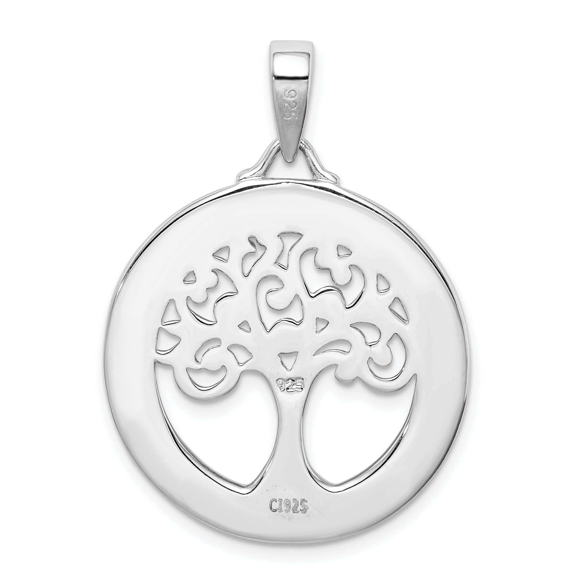 Sterling Silver Rhodium-plated Created Opal Circle w/Tree Pendant