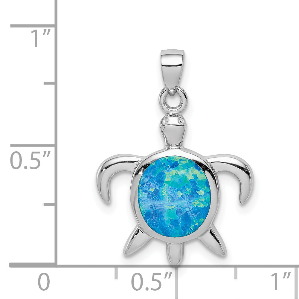 Sterling Silver Rhodium-plated Polished Created Opal Turtle Pendant