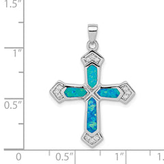 Sterling Silver Rhodium-plated Created Opal Cross CZ Pendant