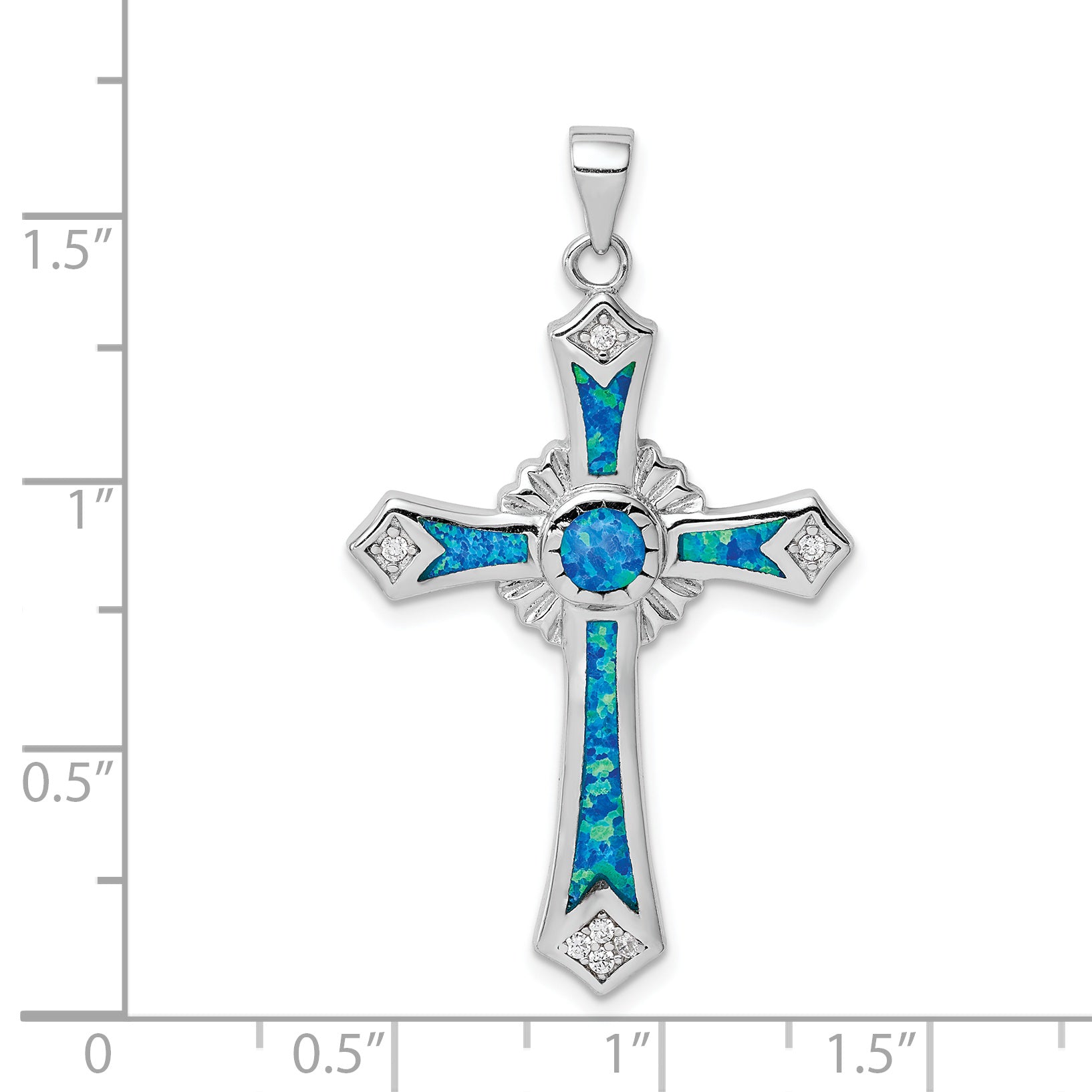 Sterling Silver Rhodium-plated Lab Created Blue Opal and Clear CZ Cross Pendant