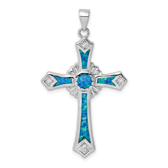 Sterling Silver Rhodium-plated Lab Created Blue Opal and Clear CZ Cross Pendant