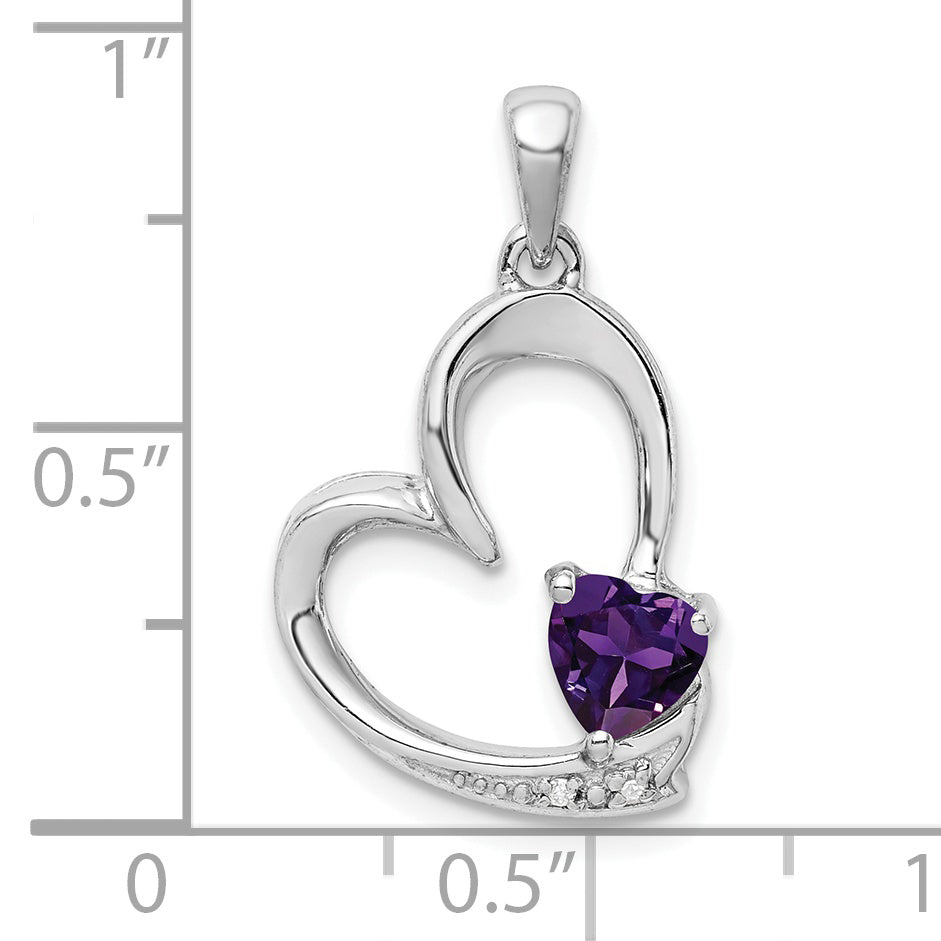 Sterling Silver Rhodium-plated Amethyst and Diamond Heart Pendant