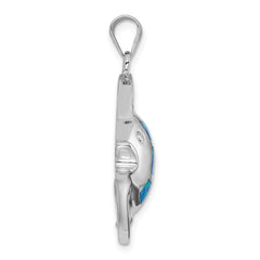 Sterling Silver Rhodium-plated Created Blue Opal Fish Pendant