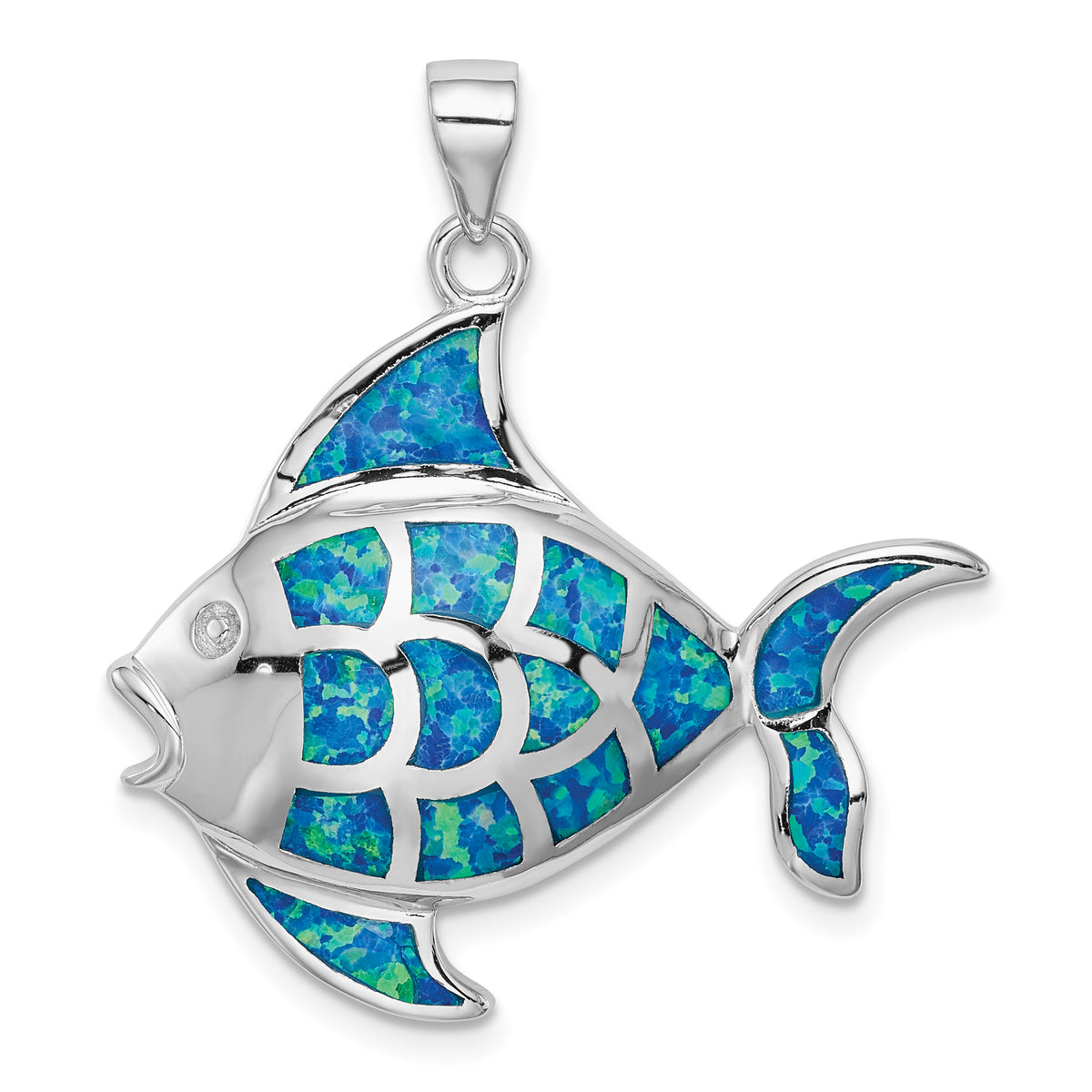 Sterling Silver Rhodium-plated Created Blue Opal Fish Pendant