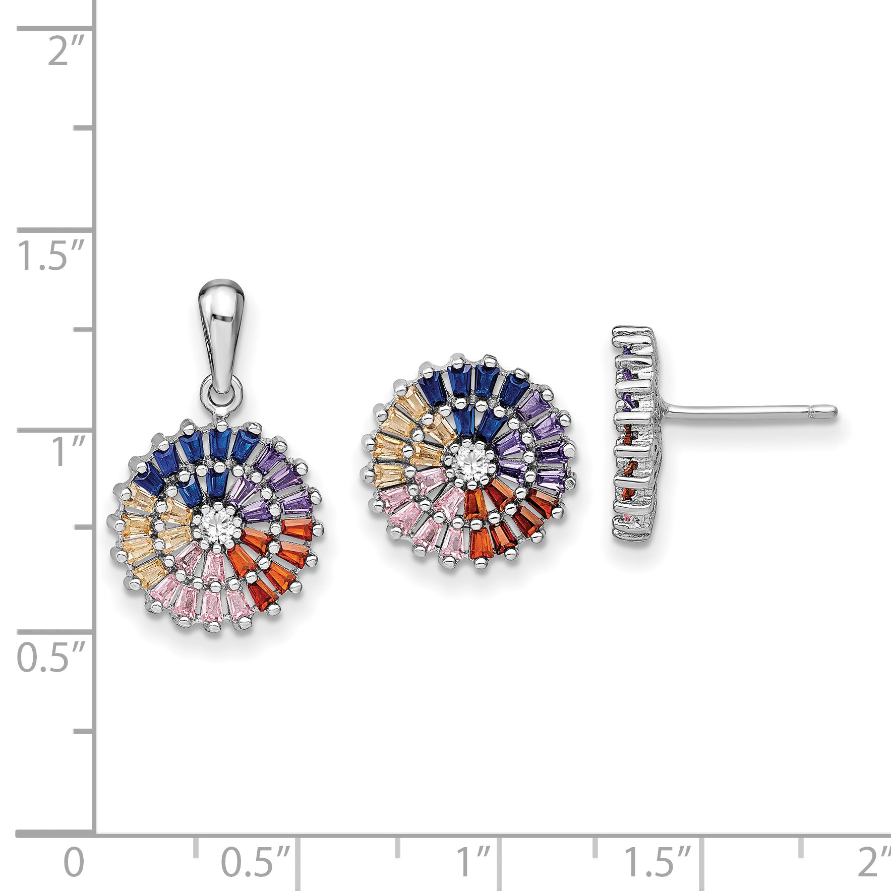 Prizma Sterling Silver Rhodium-plated White and Colorful CZ Post Earring and Pendant Set