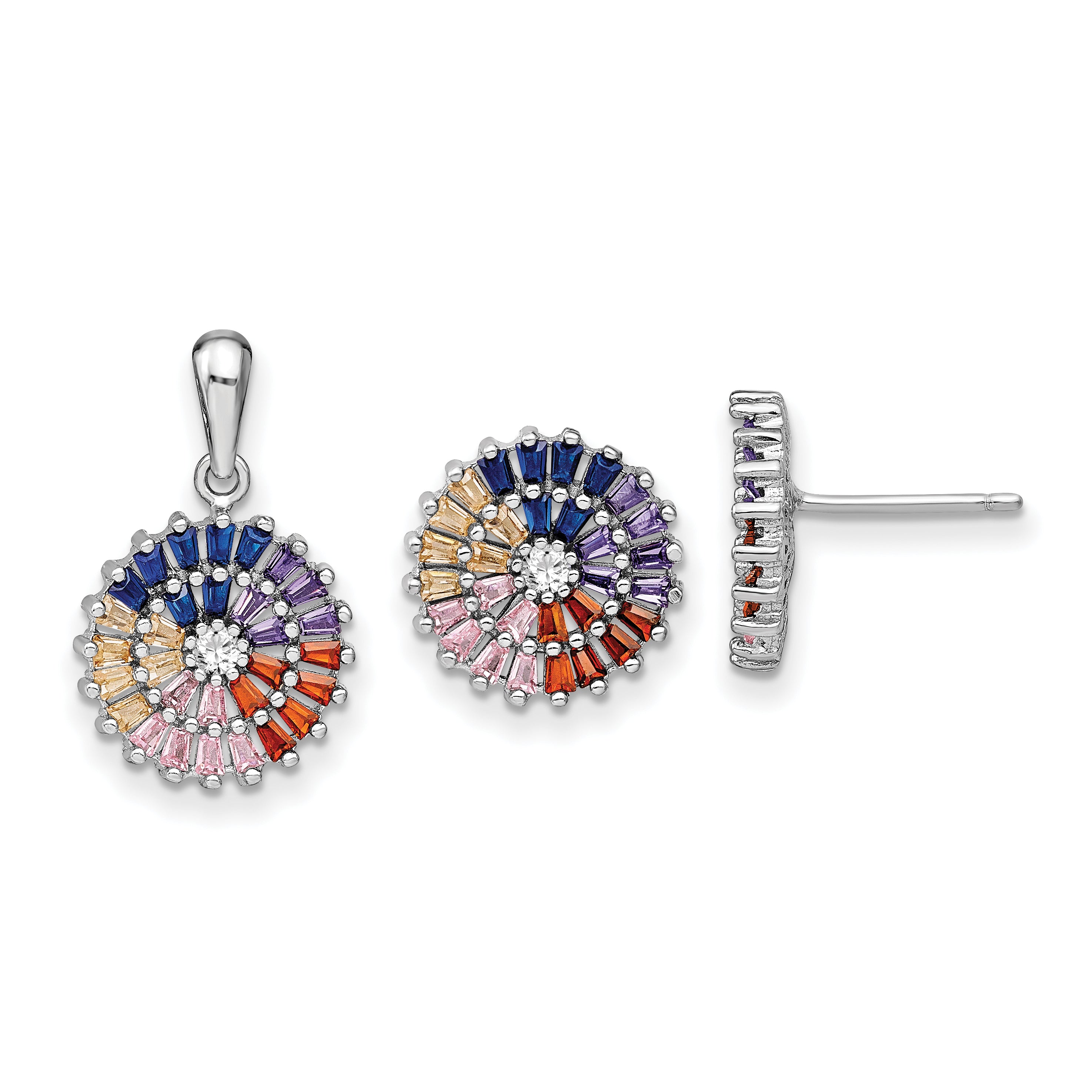 Prizma Sterling Silver Rhodium-plated White and Colorful CZ Post Earring and Pendant Set