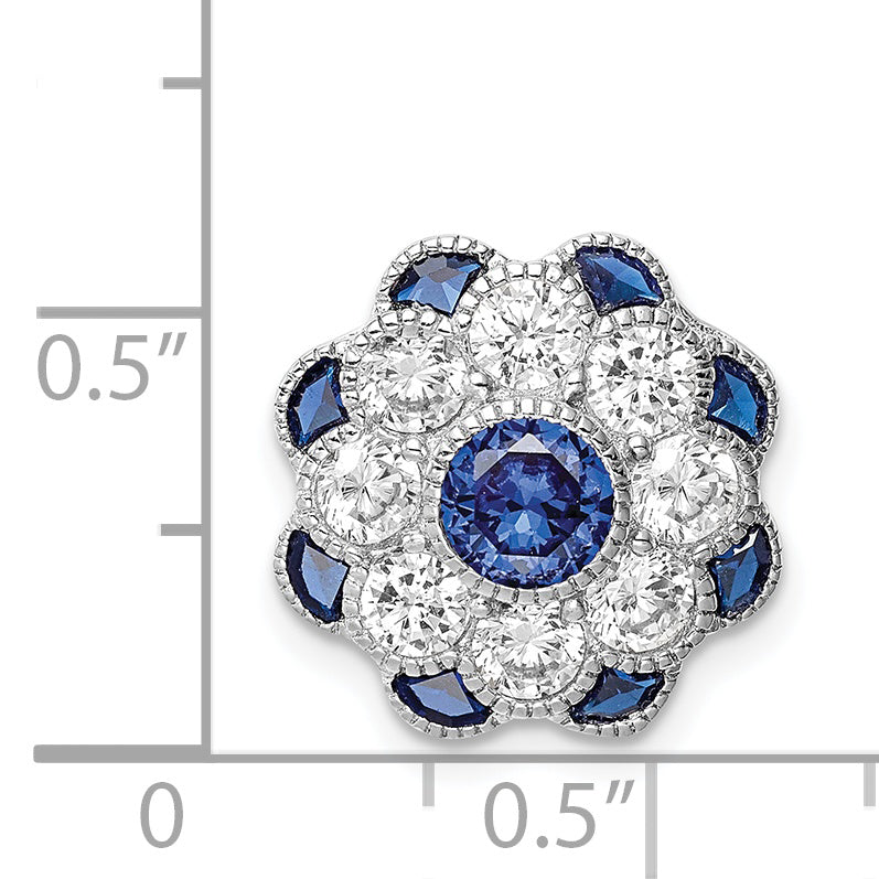 Sterling Silver Rh-plated CZ/Synthetic Blue Spinel Flower Chain Slide