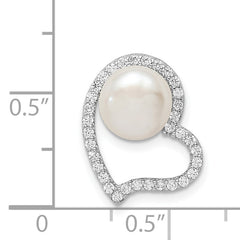 Sterling Silver Rhod-plated CZ Heart & Imitation Shell Pearl Chain Slide