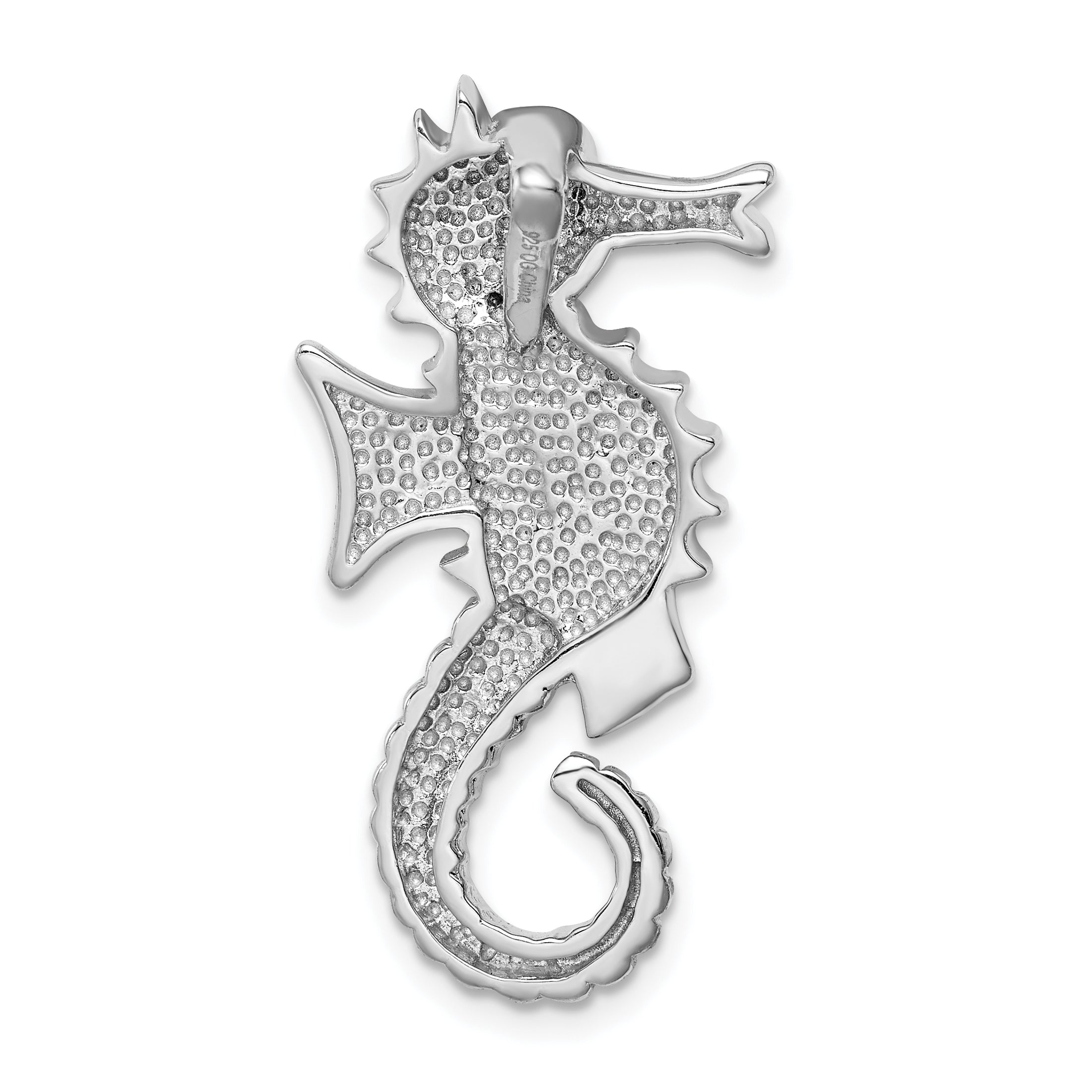 Sterling Silver Rhodium-plated Polished Created Opal and CZ Seahorse Chain Slide