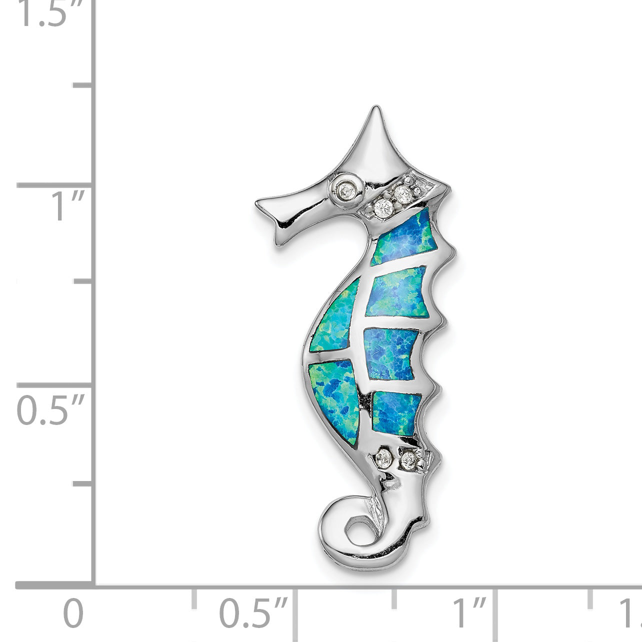 Sterling Silver Rhodium-plated Created Opal and CZ Seahorse Slide