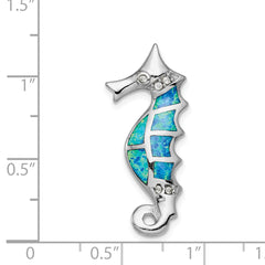 Sterling Silver Rhodium-plated Created Opal and CZ Seahorse Slide