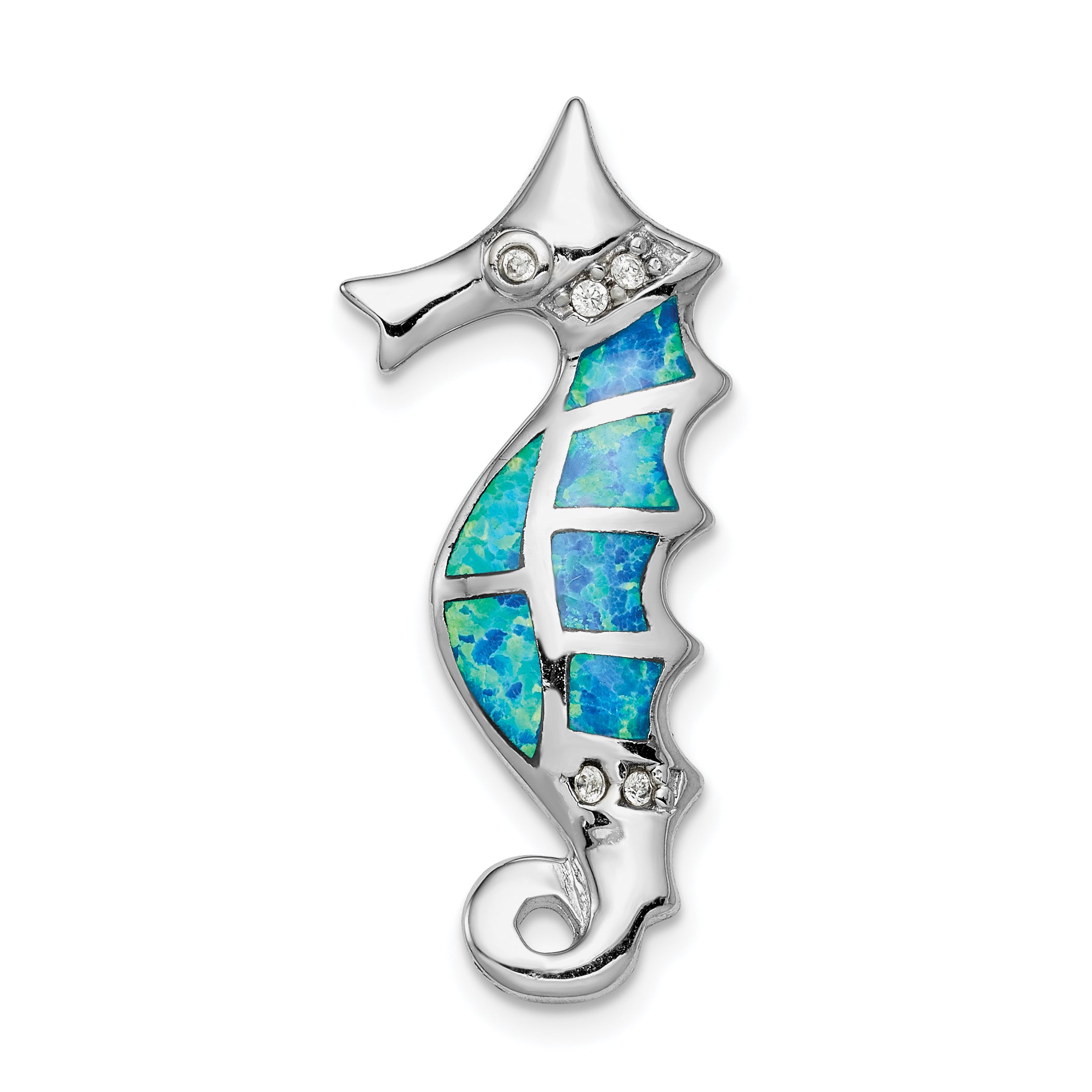 Sterling Silver Rhodium-plated Created Opal and CZ Seahorse Slide