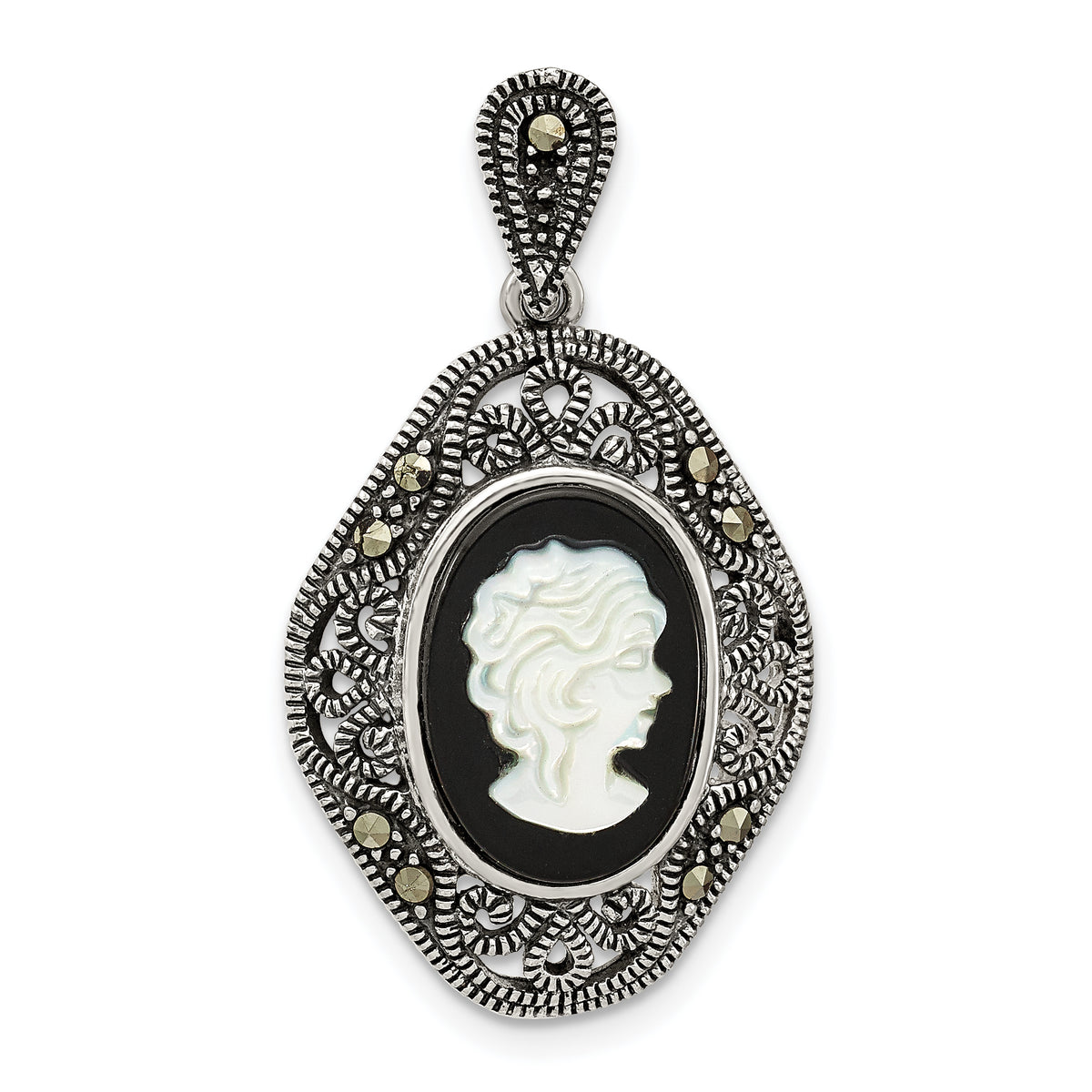 Sterling Silver Antiqued Marcasite Black Agate & MOP Cameo Pendant