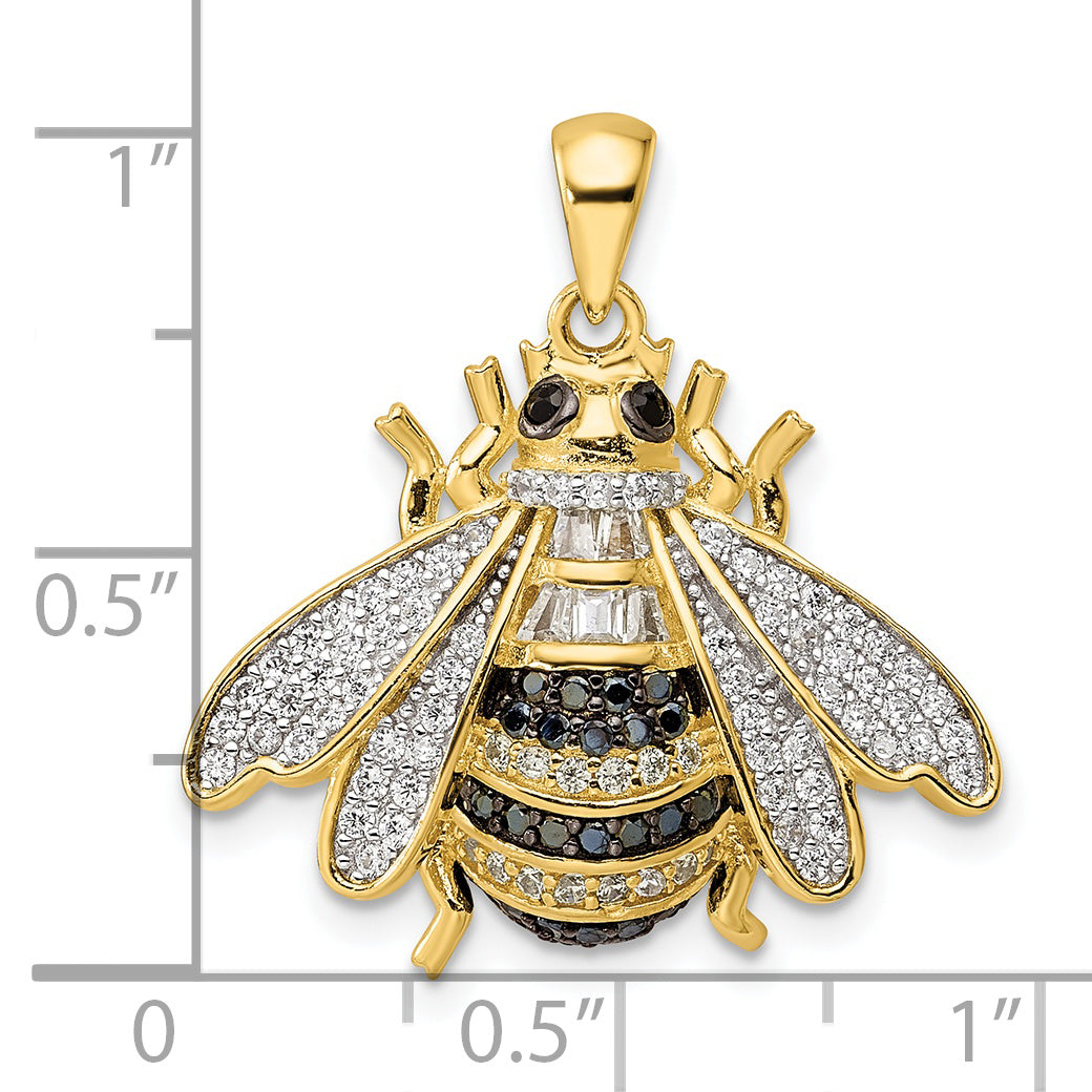 Sterling Silver Blk/White RH-plated Gold Tone CZ Bumblebee Pendant