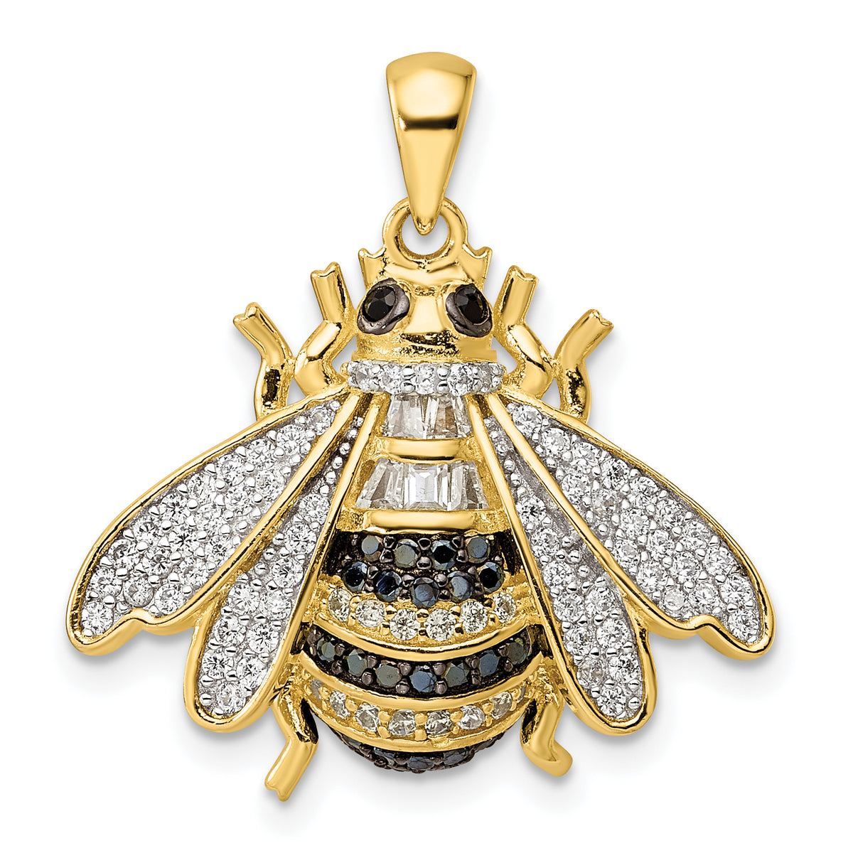 Sterling Silver Blk/White RH-plated Gold Tone CZ Bumblebee Pendant