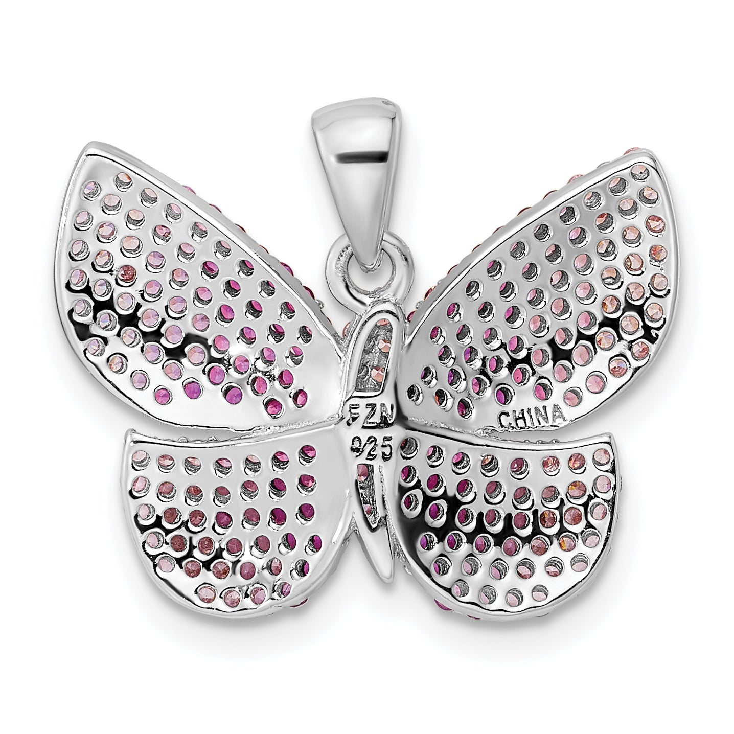 Sterling Silver Rhodium-plated Polished Pink CZ Butterfly Pendant