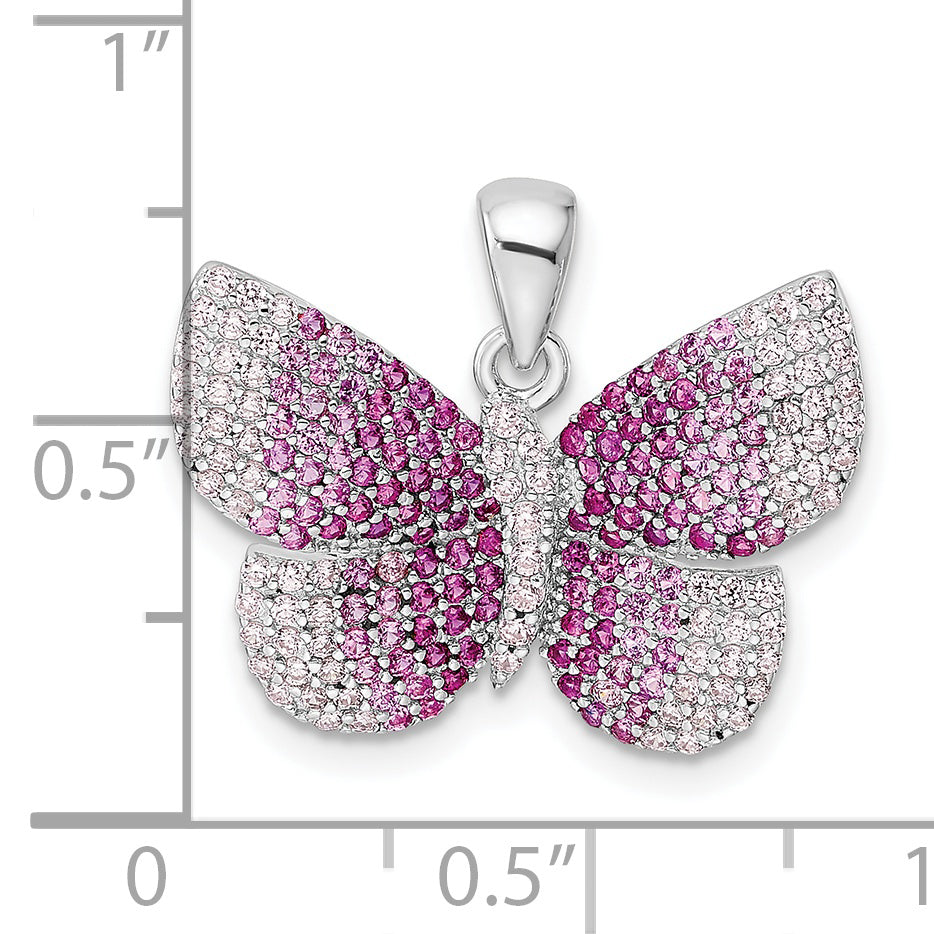 Sterling Silver Rhodium-plated Polished Pink CZ Butterfly Pendant